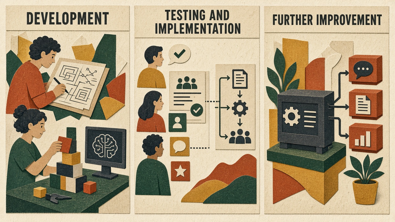 Examples of active AI project work: developing a solution, testing it, and improving an existing system.