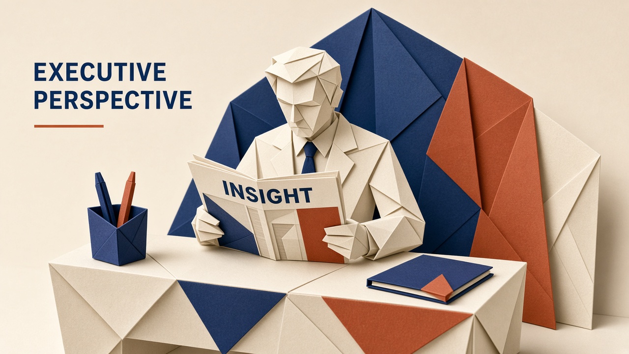 Illustration of an executive reading an insight article during strategic planning