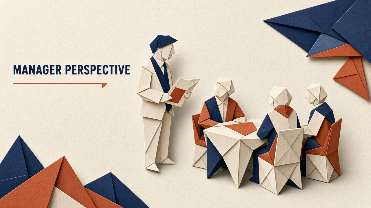 Illustration of a manager reading an article before a team meeting