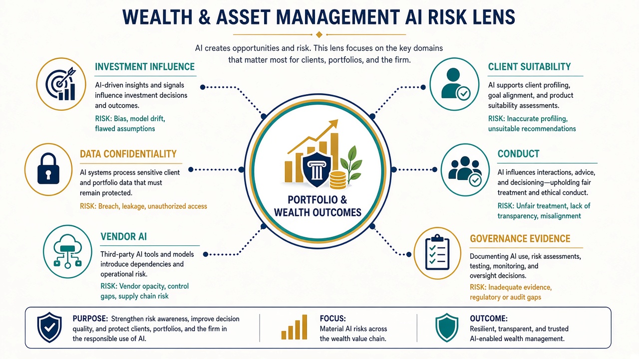 Wealth and asset management AI risk lens covering investment influence, client suitability, data confidentiality, conduct, vendor AI, and governance evidence