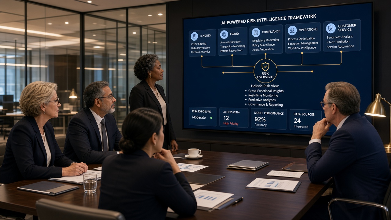 Bank executives reviewing AI projects across lending, fraud, compliance, operations, and customer service with risk oversight