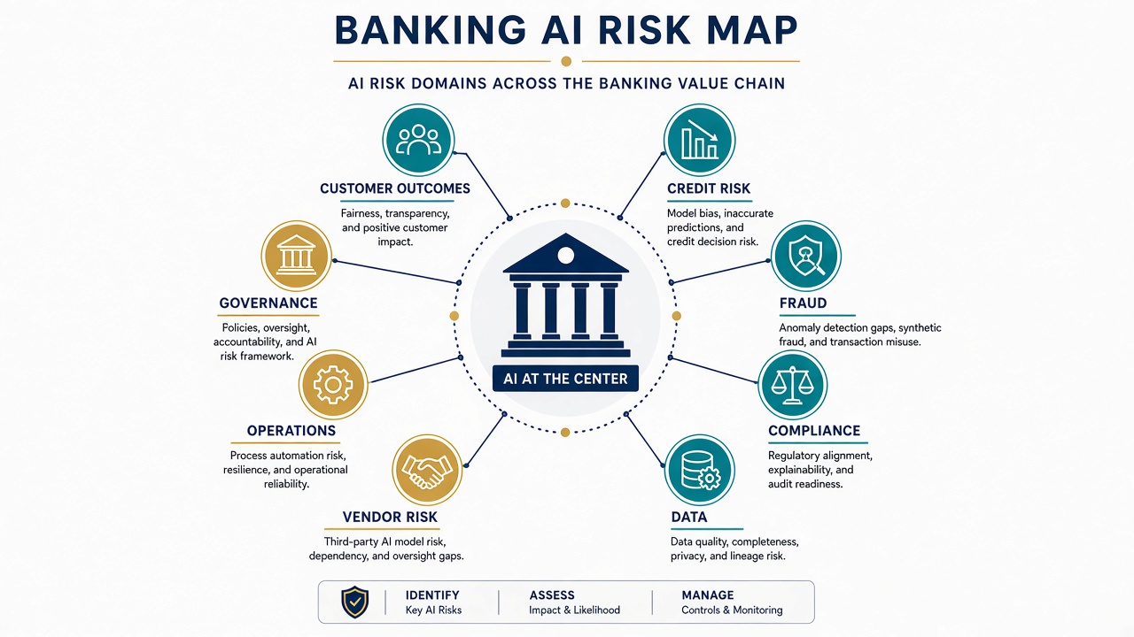 Banking AI risk map covering customer outcomes, credit risk, fraud, compliance, data, vendor risk, operations, and governance