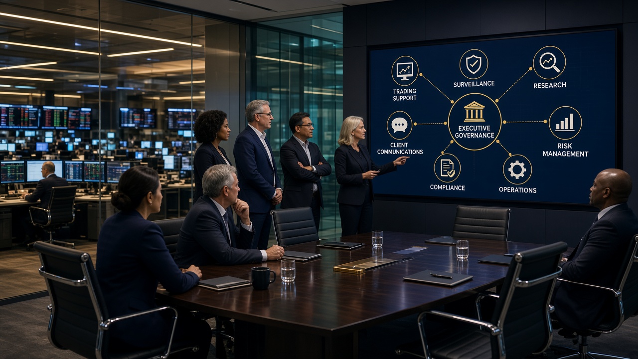 Capital markets executives reviewing AI projects across trading support, surveillance, research, client communications, compliance, operations, and risk management