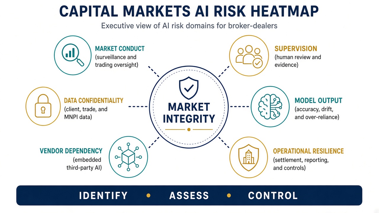Capital markets AI risk heatmap covering market conduct, supervision, data confidentiality, model output, vendor dependency, and operational resilience