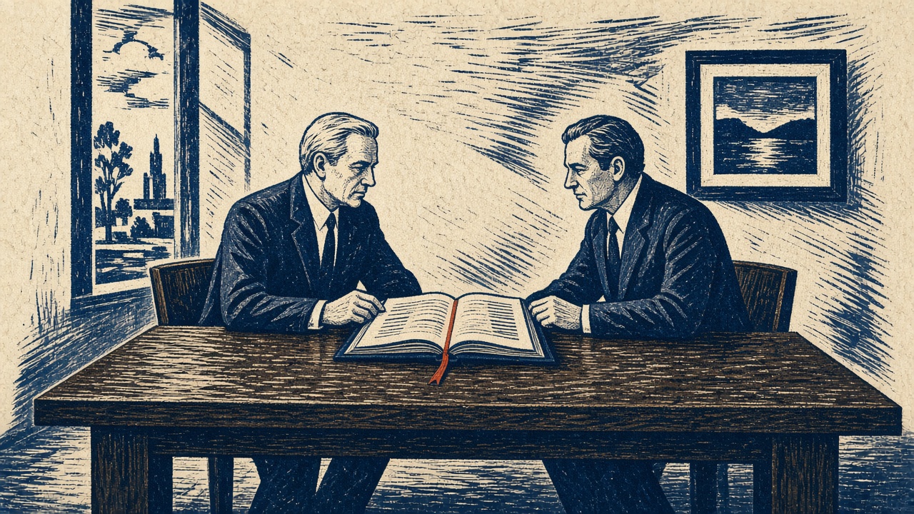 Linocut illustration of an executive briefing at a conference table