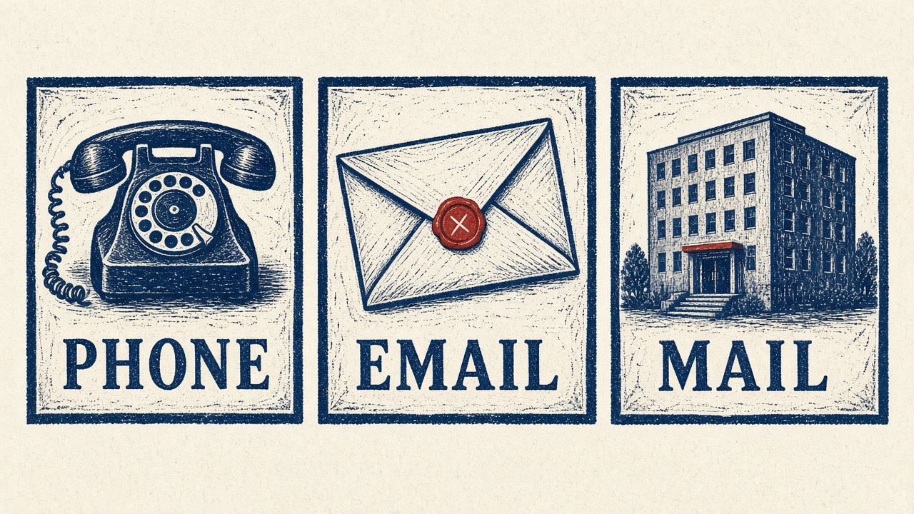 Linocut illustration of phone, email, and mail as three contact channels