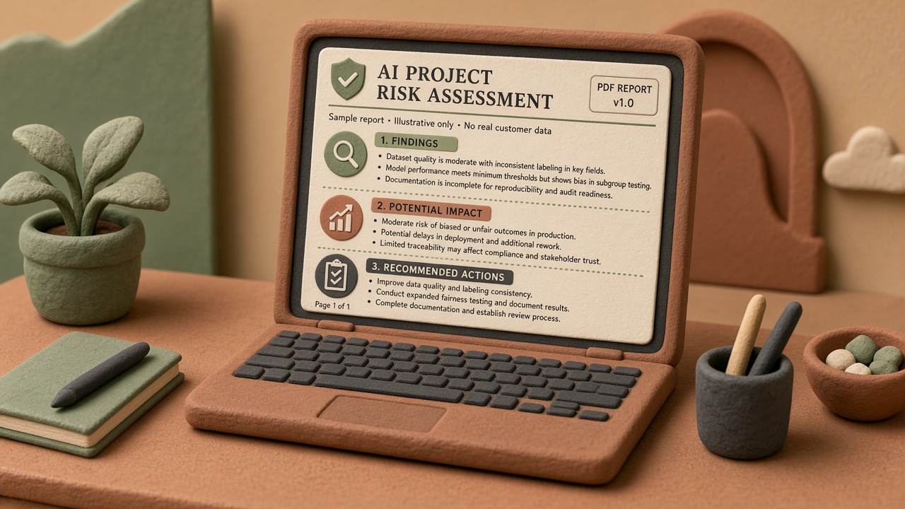 Illustrative AI project risk assessment report showing findings, potential impact, and recommended actions.
