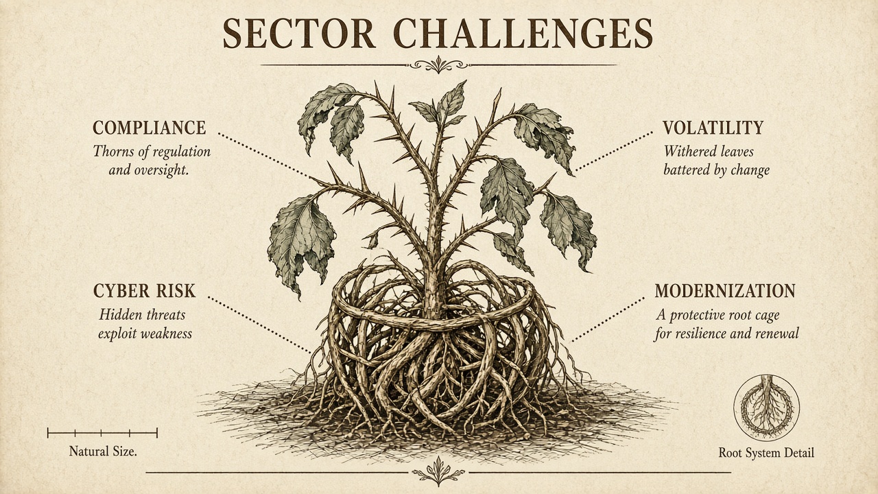 Illustration of challenges facing financial services including compliance, cyber risk, volatility, and modernization