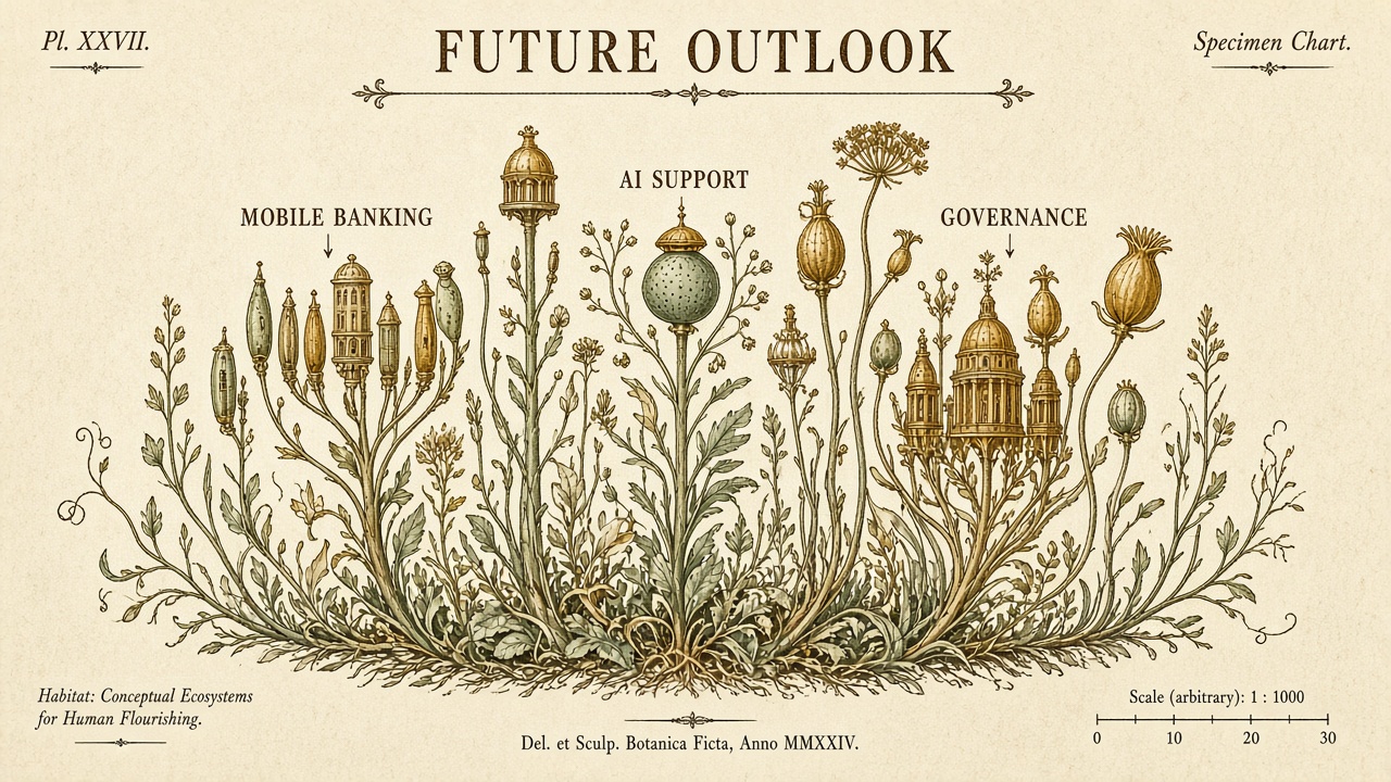 Illustration of the future outlook for financial services including mobile banking, AI support, and governance