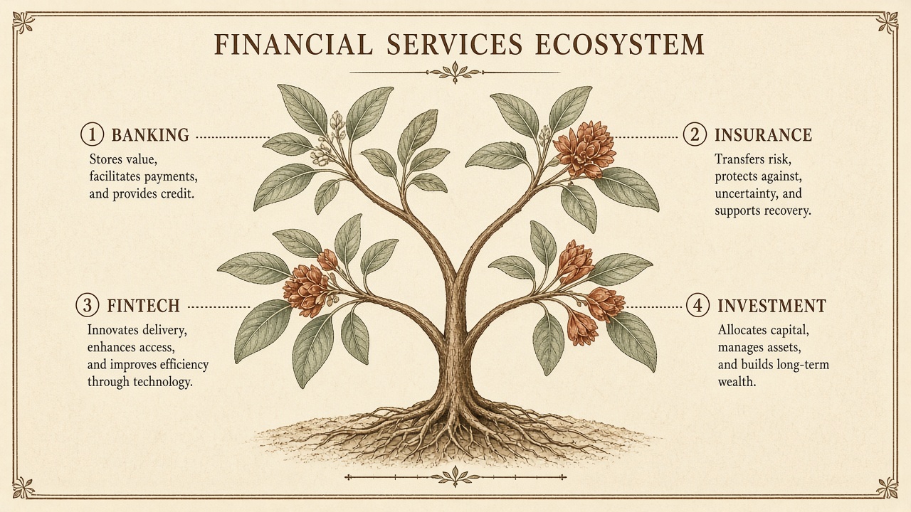 Botanical illustration of the financial services ecosystem spanning banking, insurance, fintech, and investment