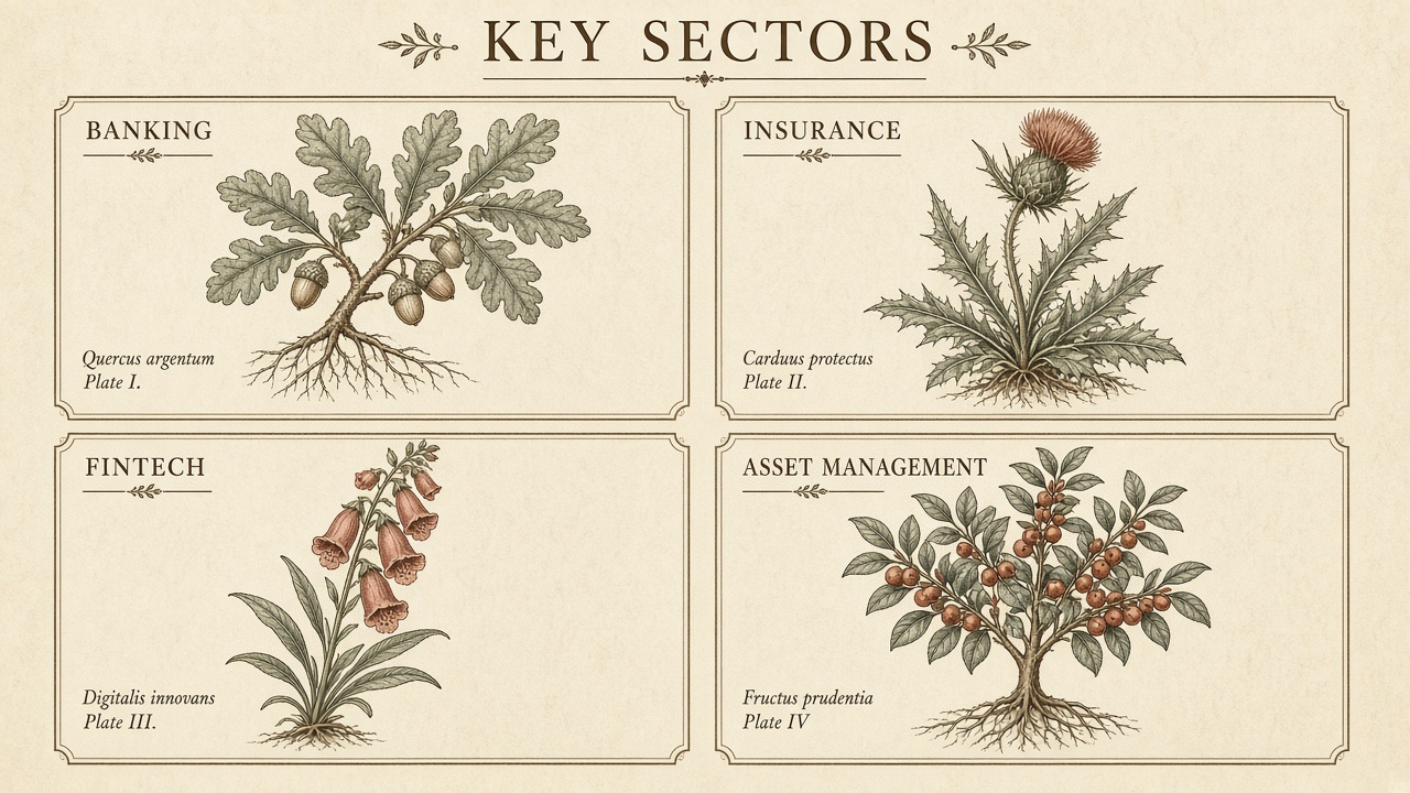 Illustration of key financial services sectors including banking, insurance, fintech, and asset management