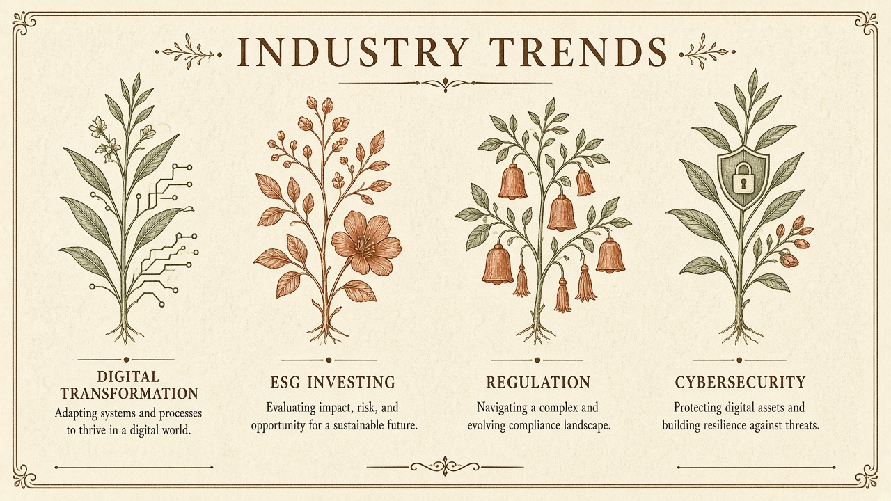 Illustration of financial services industry trends including digital transformation, ESG, regulation, and cybersecurity