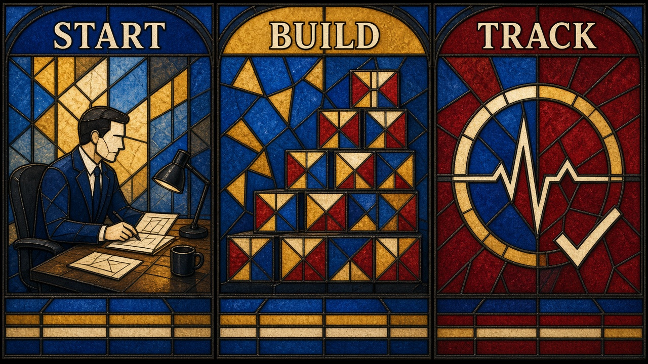 Stained-glass illustration of starting, building, and tracking a skills inventory