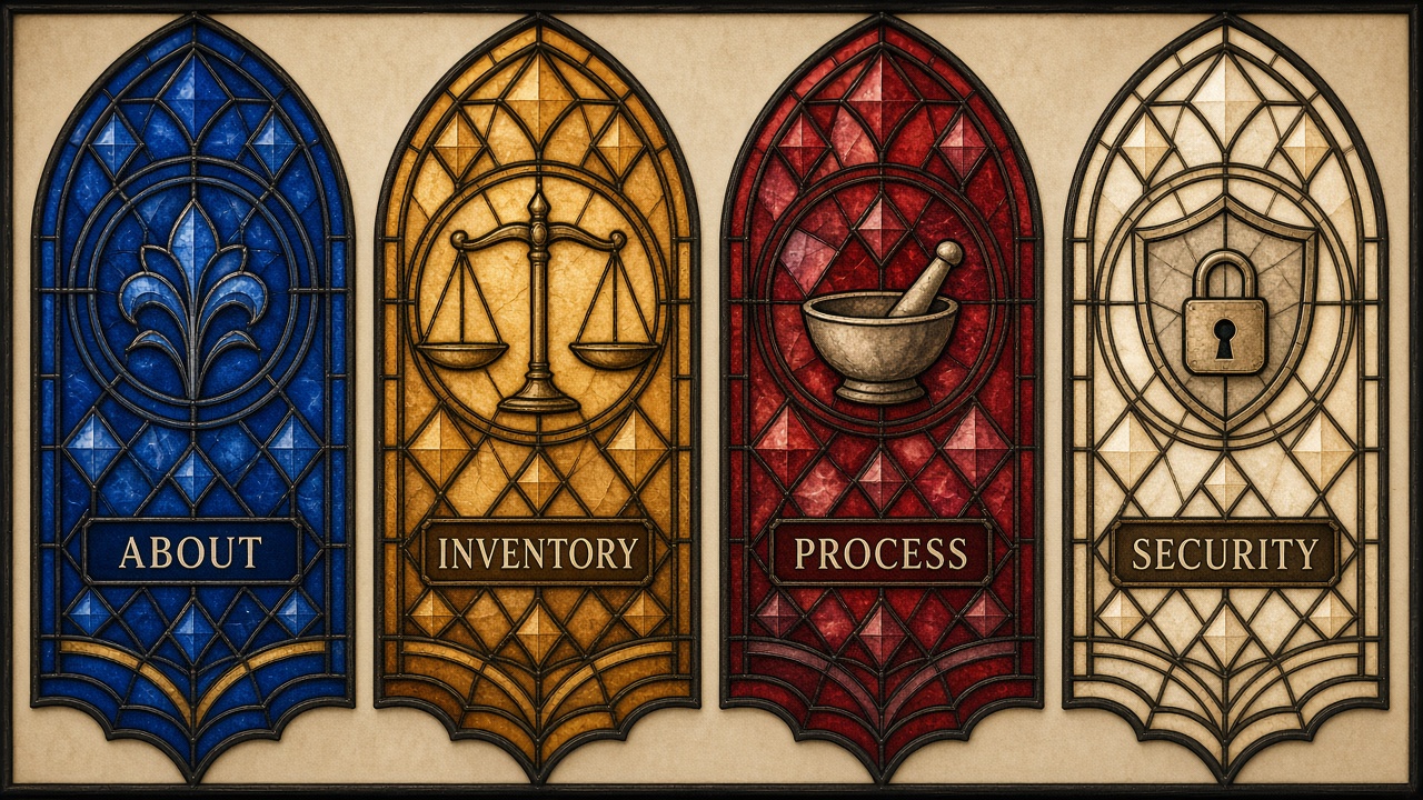 Stained-glass illustration of FAQ topics: about, inventory, process, and security