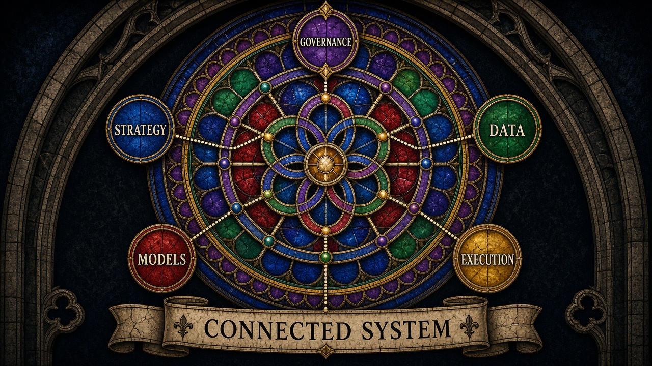 Interconnected system diagram showing dependencies across AI project components