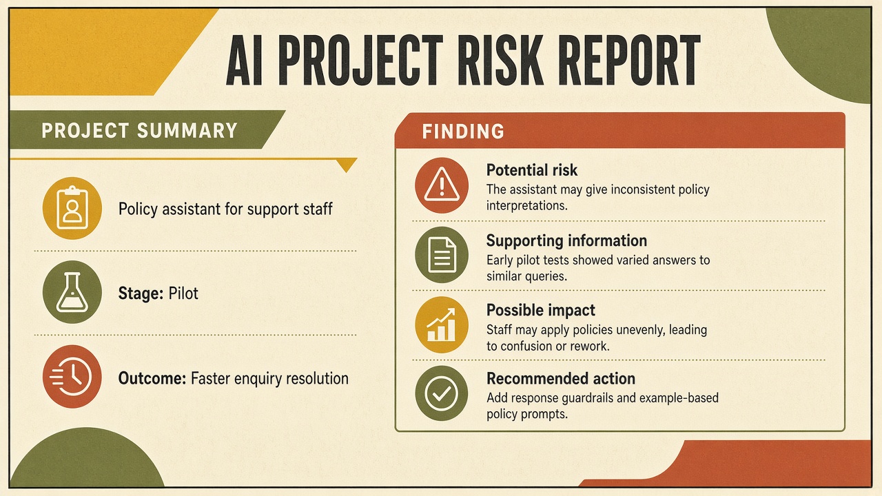 Illustrative assessment report with a project summary, potential risk, supporting reasoning, and recommended action.