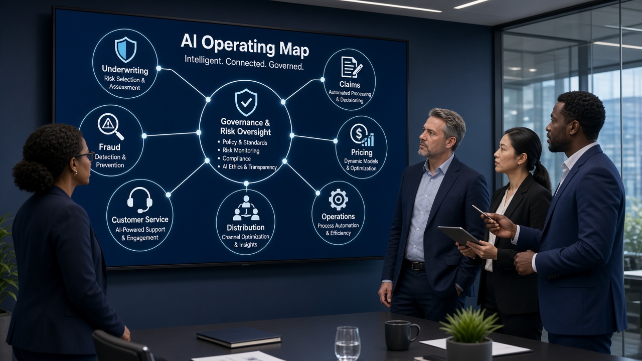 Insurance executives reviewing AI projects across underwriting, claims, fraud, pricing, customer service, distribution, and operations with governance oversight
