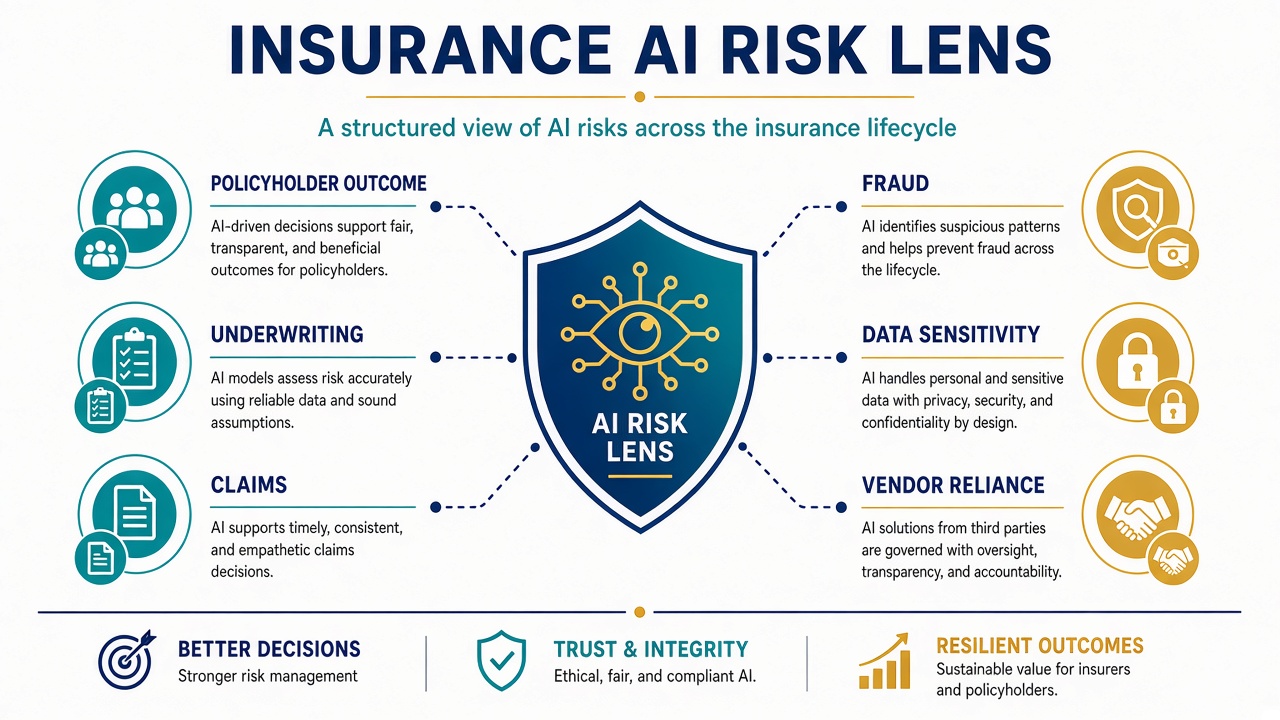 Insurance AI risk lens covering policyholder outcome, underwriting, claims, fraud, data sensitivity, and vendor reliance