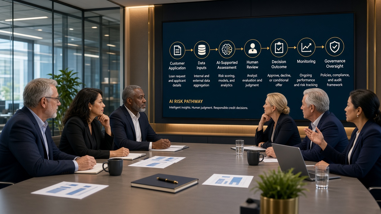 Lending executives reviewing an AI risk pathway from customer application and data inputs through AI-supported assessment, human review, decision outcome, monitoring, and governance oversight