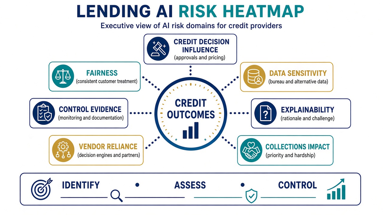 Lending AI risk heatmap covering credit decision influence, fairness, data sensitivity, explainability, collections impact, vendor reliance, and control evidence