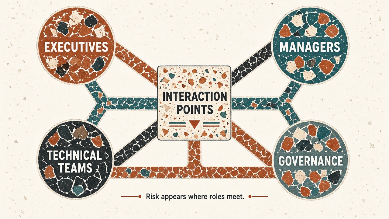Diagram showing interactions between executives managers technical teams and governance roles in an AI project