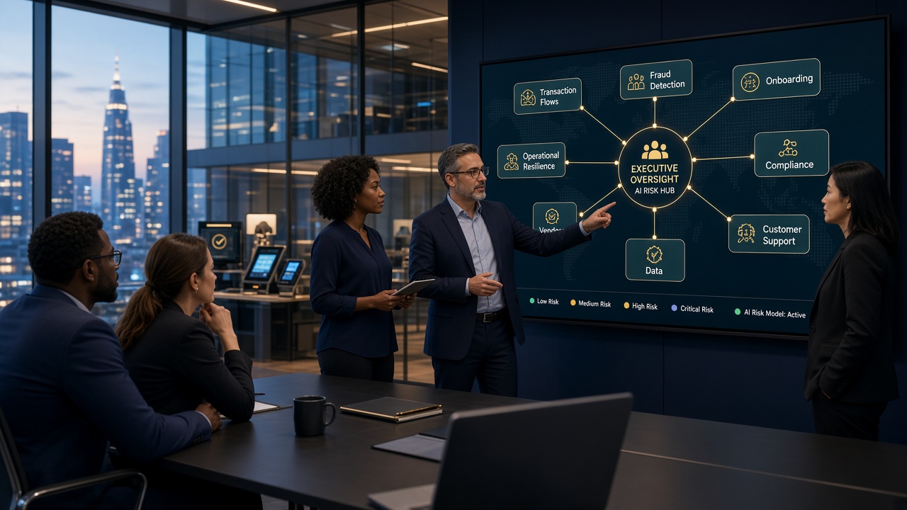 Payments and fintech executives reviewing AI projects across transaction flows, fraud detection, onboarding, compliance, customer support, data, vendors, and operational resilience