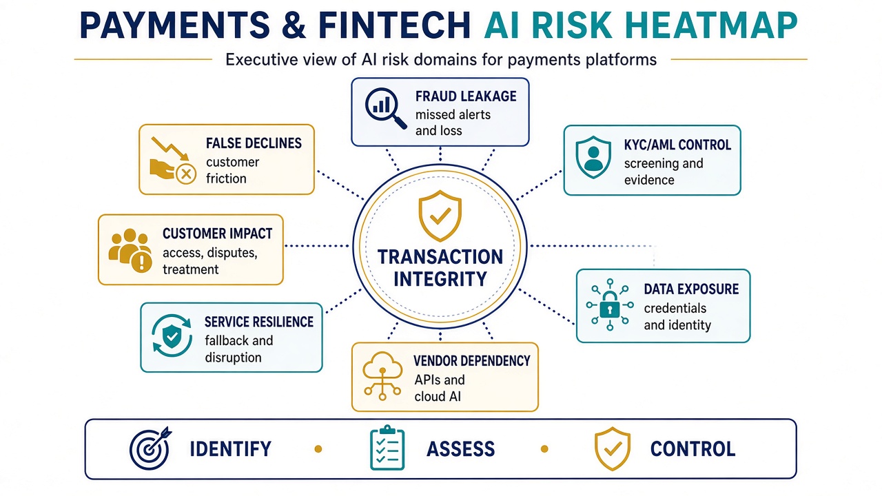 Payments and fintech AI risk heatmap covering fraud leakage, false declines, KYC and AML control, data exposure, vendor dependency, service resilience, and customer impact