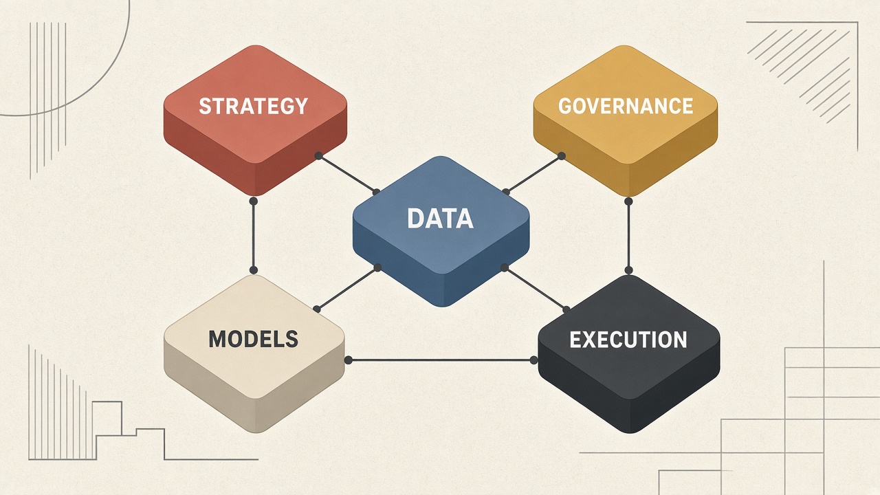 Five connected AI project pillars: Strategy, Governance, Data, Models, and Execution.