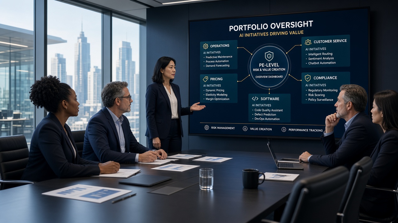 Private equity sponsors reviewing AI initiatives across portfolio companies connected to a central PE-level risk and value creation dashboard