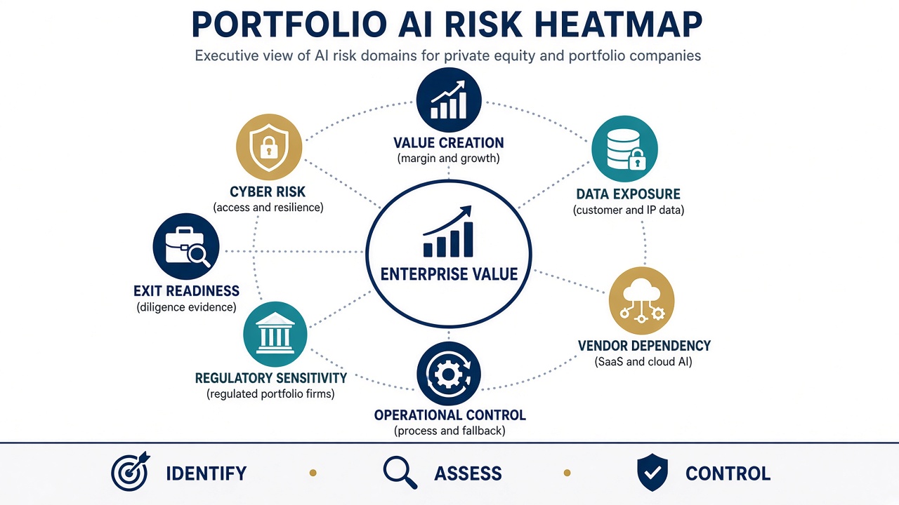 Portfolio AI risk heatmap covering value creation, data exposure, vendor dependency, operational control, regulatory sensitivity, cyber risk, and exit readiness