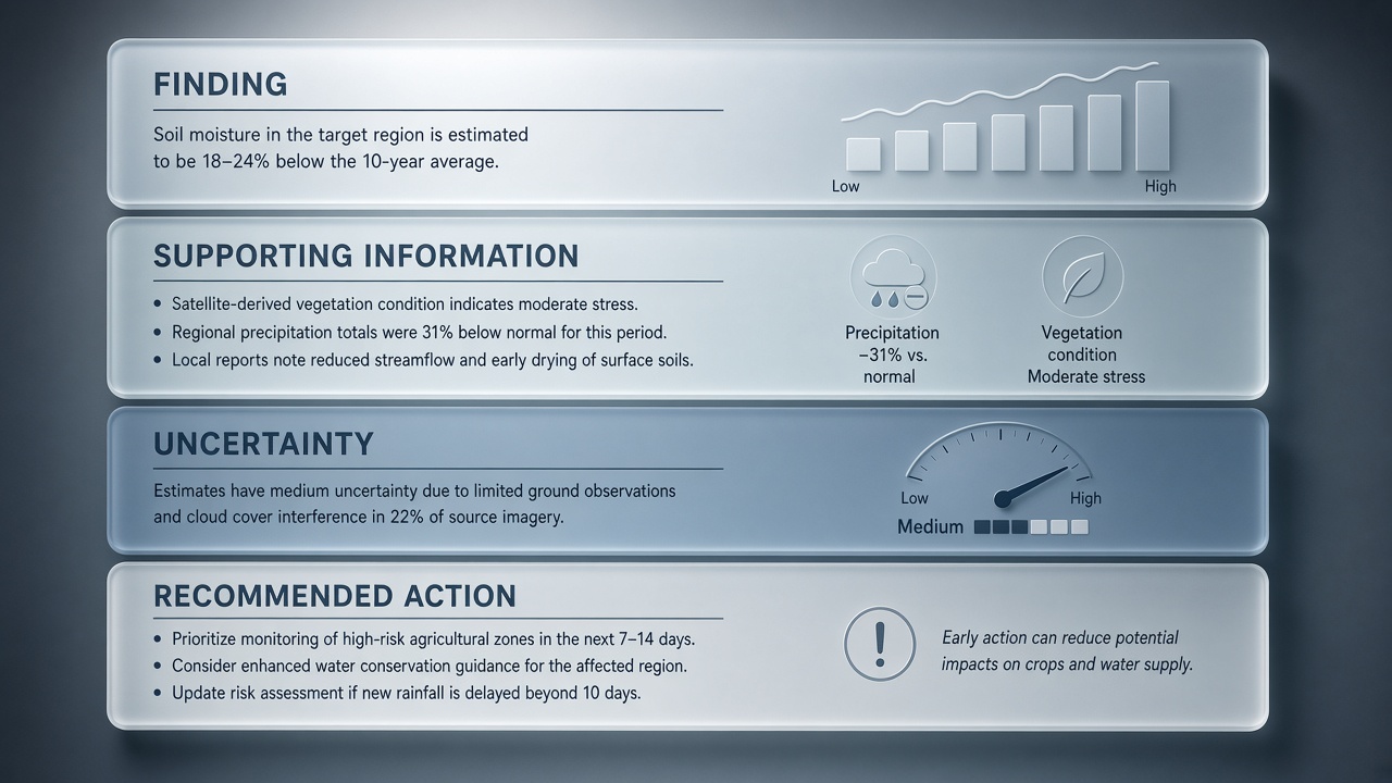 Assessment finding organized to show its basis, uncertainty, and recommended action.