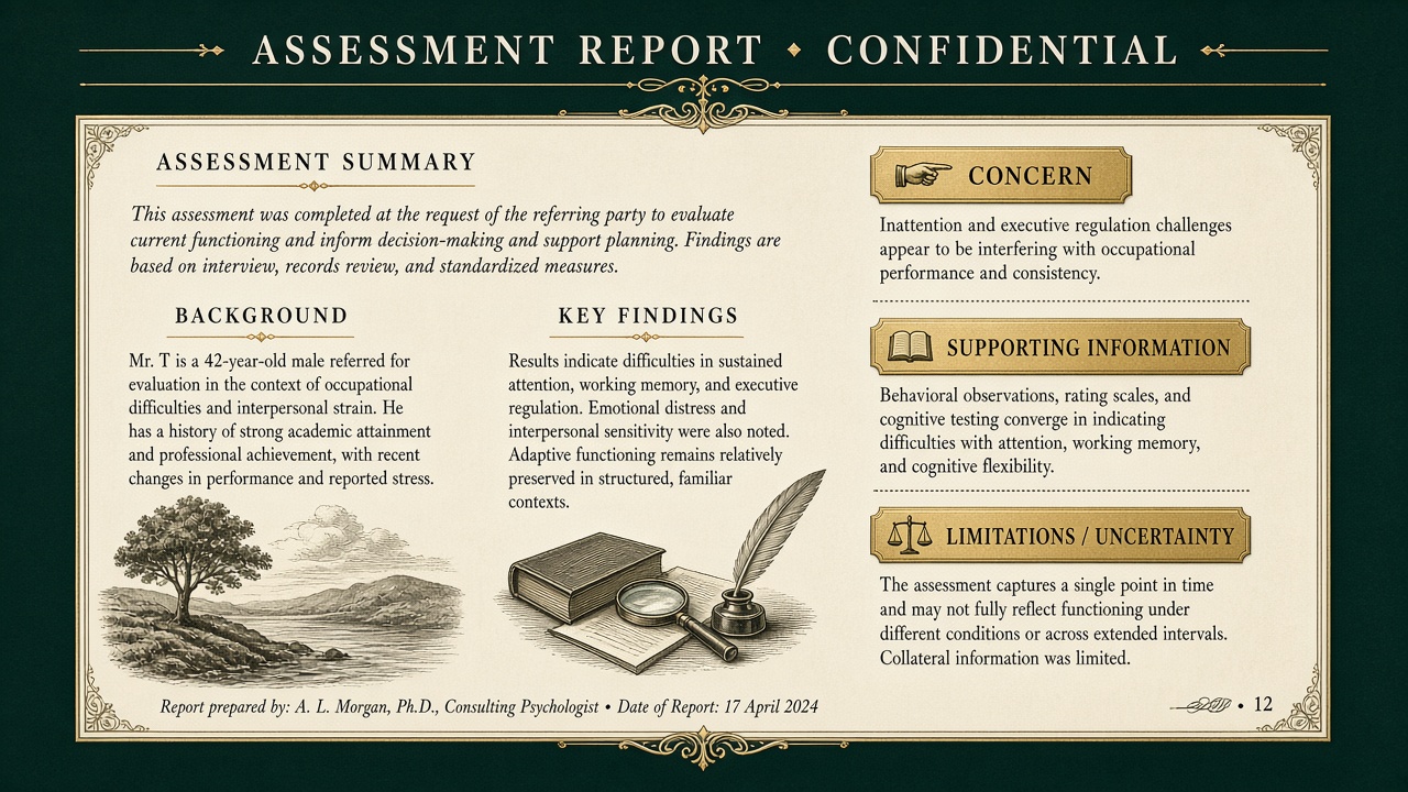 Annotated assessment finding showing the concern, supporting information, and uncertainty.