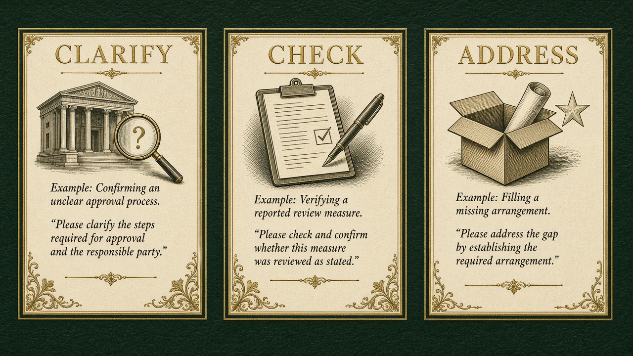 Three possible responses to a finding: clarify information, check an existing measure, or address a gap.