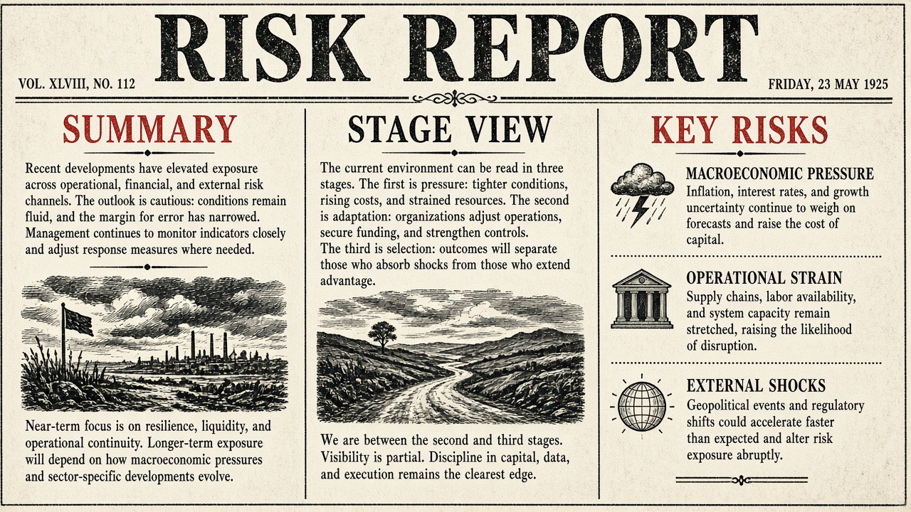Executive AI project risk report layout showing structured sections and summaries