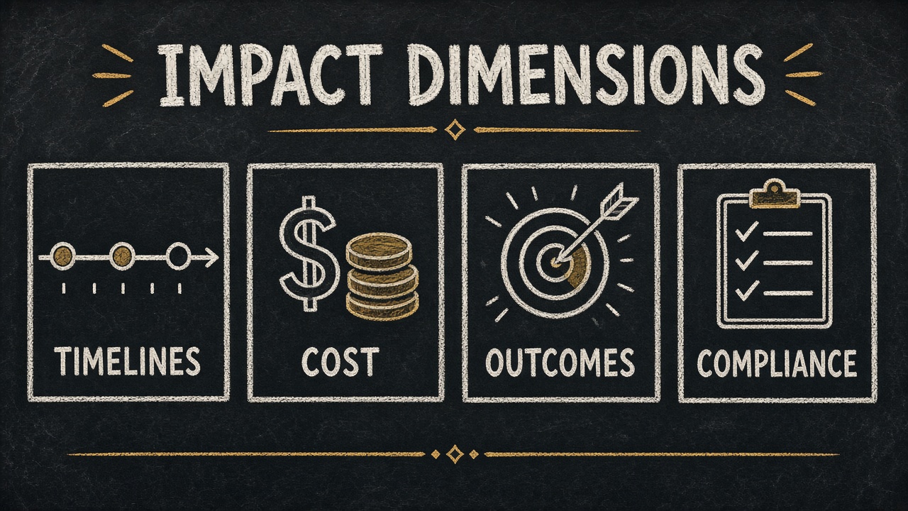 Visualization of different impact dimensions including cost timeline quality and compliance in AI projects