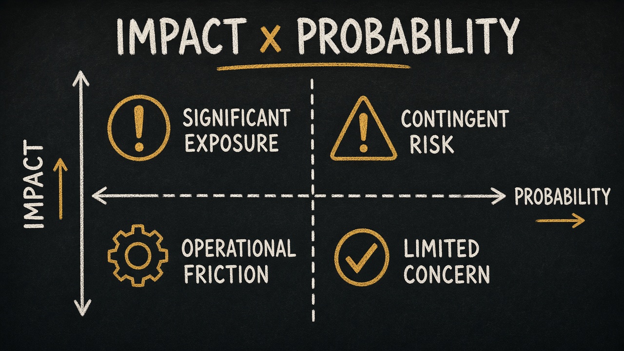 Risk matrix showing impact versus probability with different risk levels