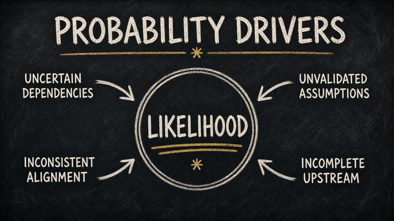 Diagram showing factors that increase likelihood of risk in AI projects such as dependencies and misalignment