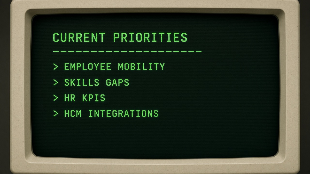 Illustration of current WorkforceAI roadmap priorities including mobility, skills, KPIs, and integrations
