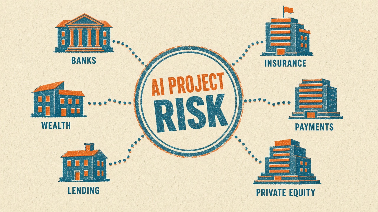 Risograph illustration of AI project use cases across banks, insurance, wealth, payments, lending, and private equity