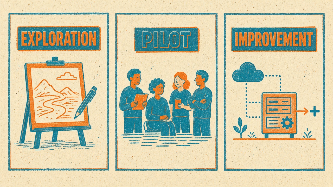 Risograph illustration of AI project work in exploration, pilot, and improvement