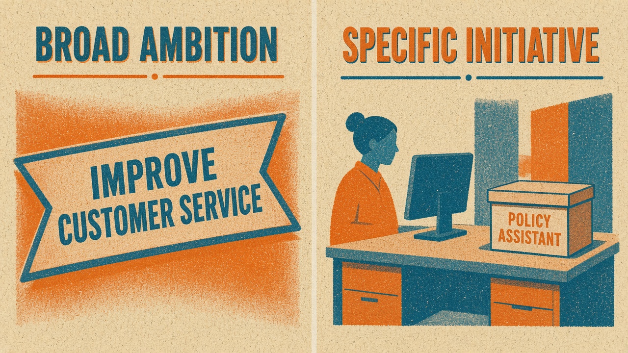 Risograph illustration comparing a broad AI ambition with a specific policy assistant initiative