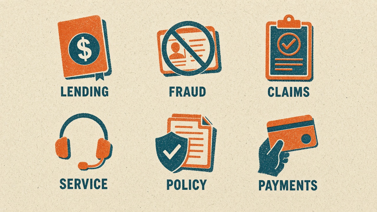 Risograph illustration of typical AI initiative types including lending, fraud, claims, service, policy, and payments